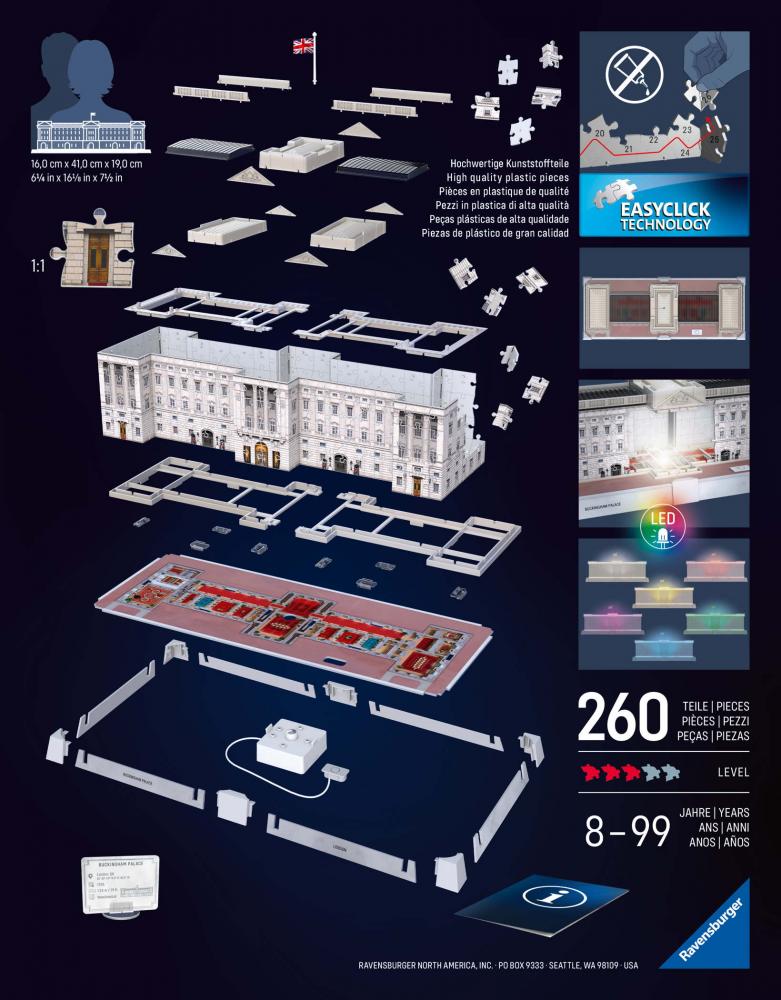 216 Teile Ravensburger 3D Puzzle Iconics Bauwerk Buckingham Palace mit Licht 12008031