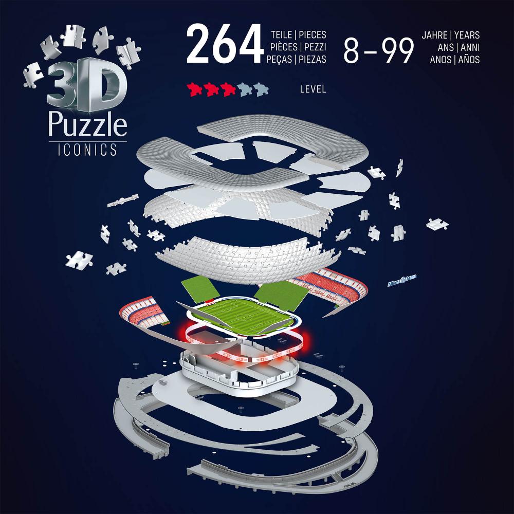 216 Teile Ravensburger 3D Puzzle Iconics Bauwerk Allianz Arena mit Licht 12008033