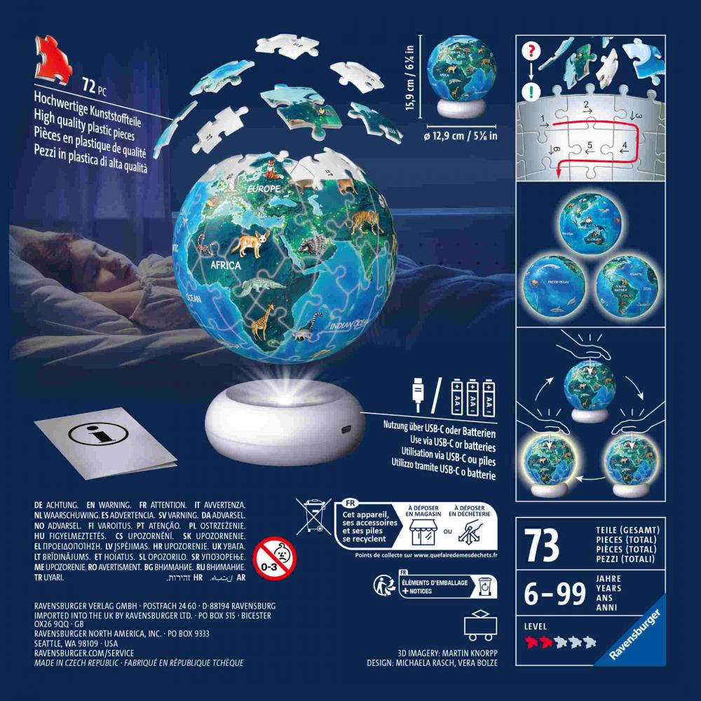 72 Teile Ravensburger 3D Puzzle Ball Nachtlicht Erde mit Tiermotiven 12008055