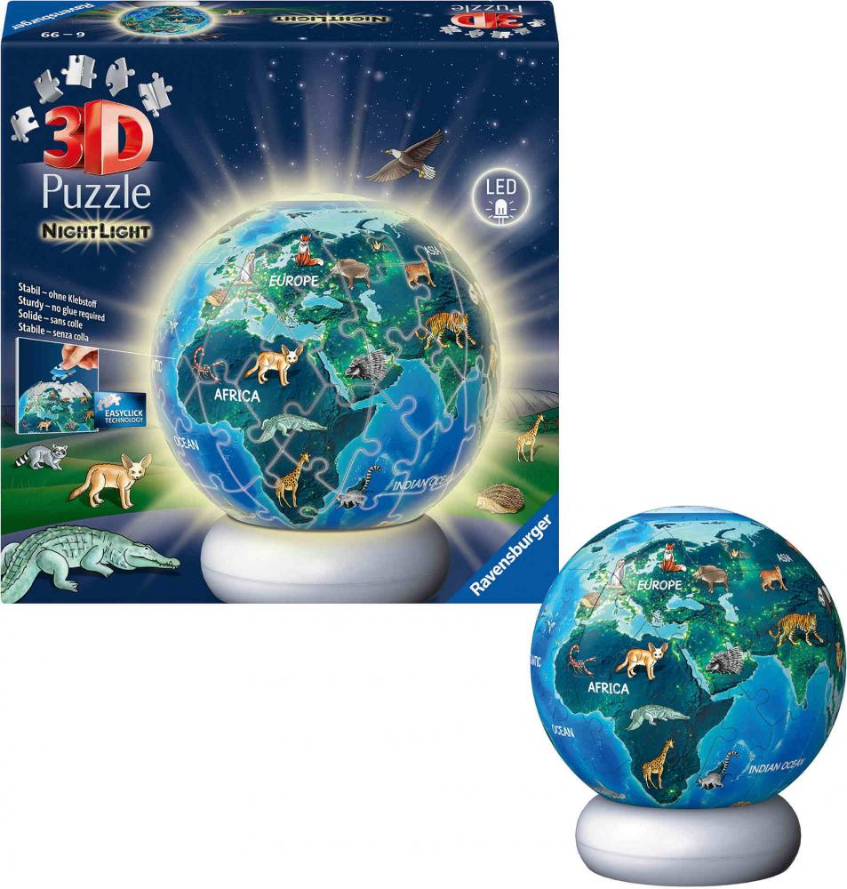 72 Teile Ravensburger 3D Puzzle Ball Nachtlicht Erde mit Tiermotiven 12008055