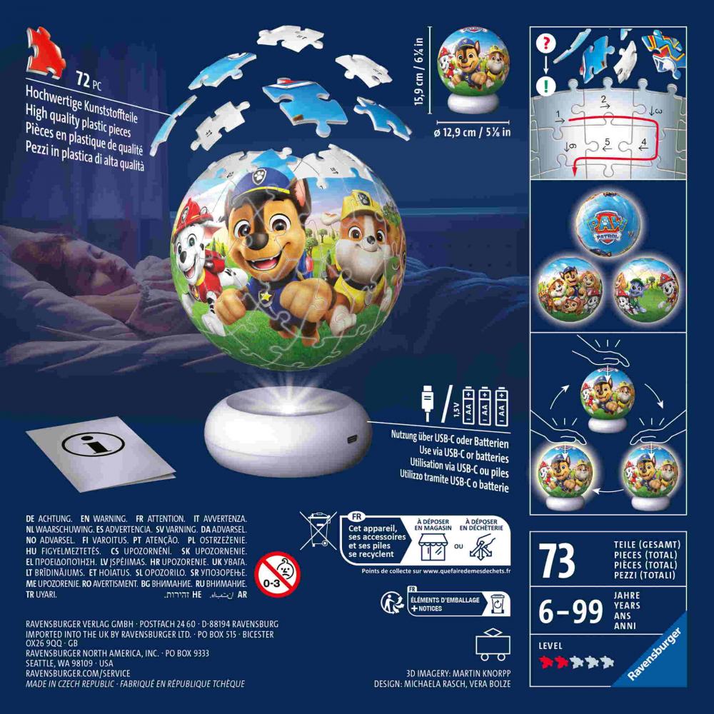 72 Teile Ravensburger 3D Puzzle Ball Nachtlicht Paw Patrol 12008057