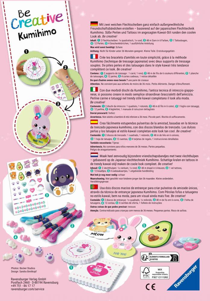 Ravensburger Creation kreative Grundtechnik Freundschaftsbändchen Kumihimo & Tattoos Kawaii 12028011