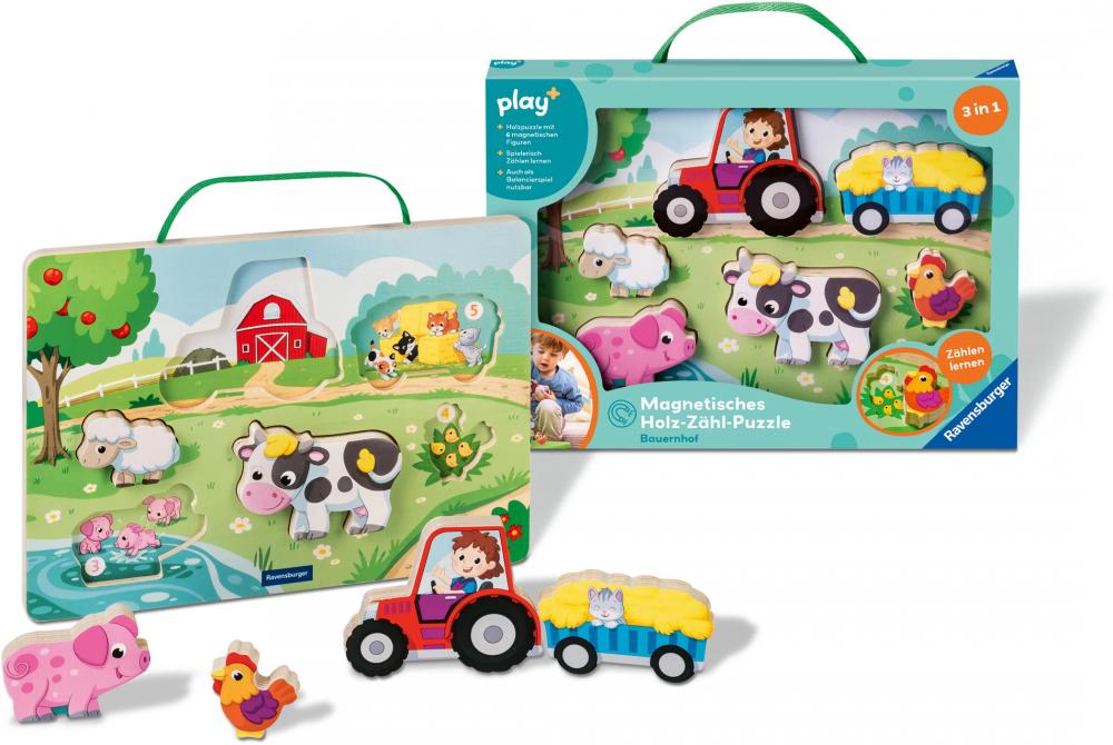 Ravensburger Kleinkindwelt Motorikspielzeug Play+ Magnetisches Holz-Zähl-Puzzle Bauernhof 12034123