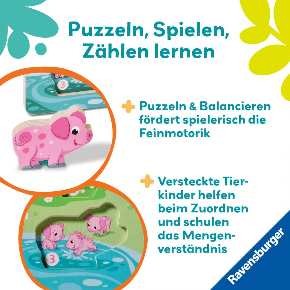 Ravensburger Kleinkindwelt Motorikspielzeug Play+ Magnetisches Holz-Zähl-Puzzle Bauernhof 12034123