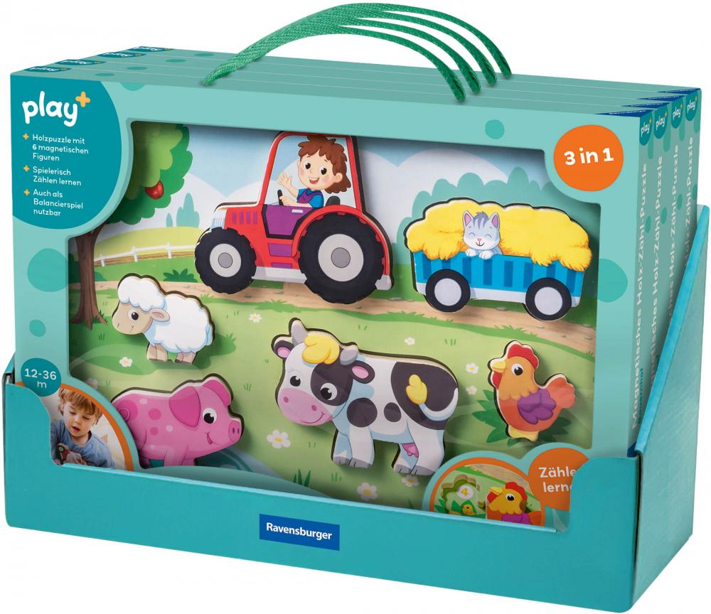 Ravensburger Kleinkindwelt Motorikspielzeug Play+ Magnetisches Holz-Zähl-Puzzle Bauernhof 12034123