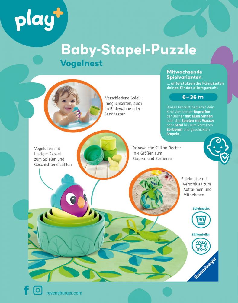 Ravensburger Babywelt Motorikspielzeuge Play+ Baby-Stapel-Puzzle Vogelnest 04857