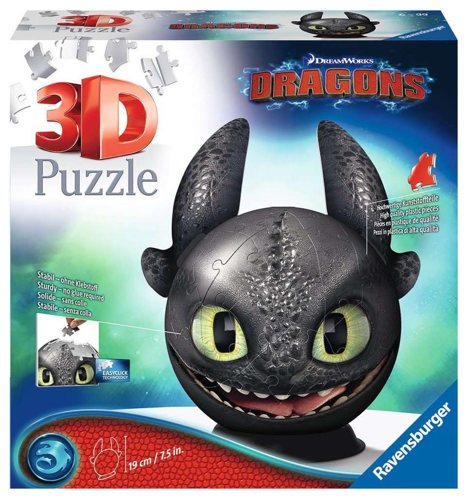 72 Teile Ravensburger 3D Puzzle Ball Dragons 3 Ohnezahn mit Ohren 11145