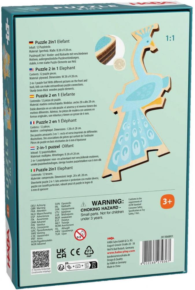 12 Teile HABA Kinder Puzzle 2 in 1 Elefant 2011068001