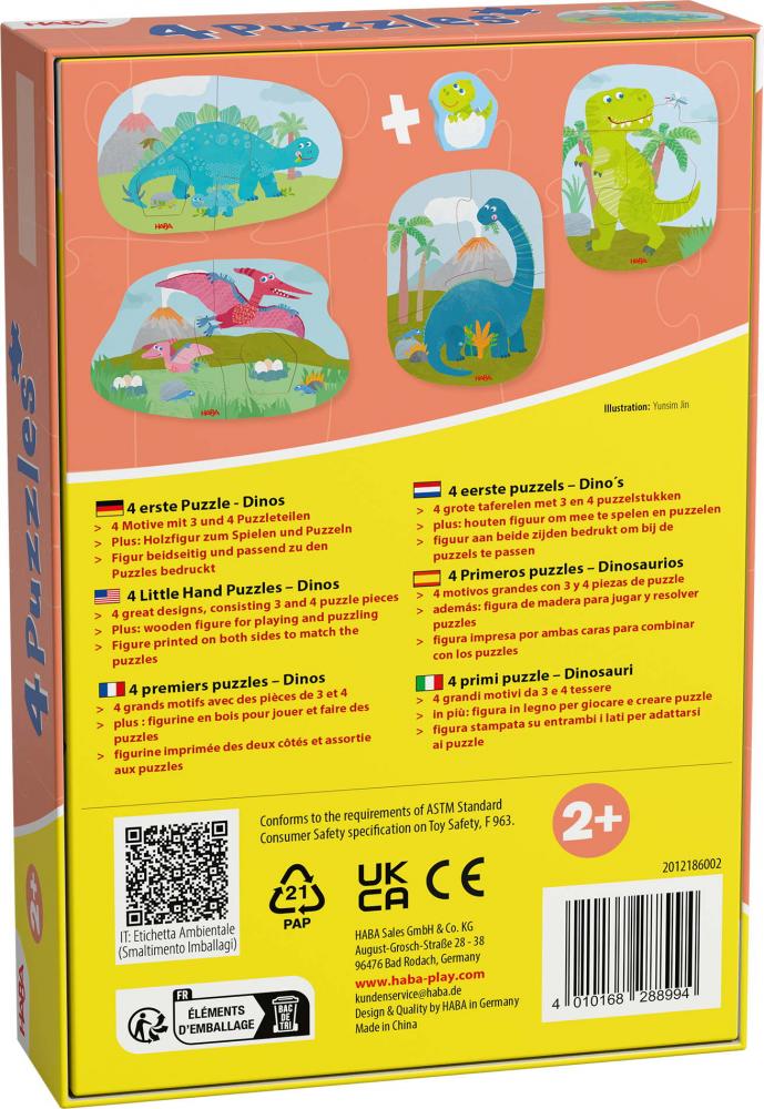 2, 2x3, 4 Teile HABA Kinder Puzzle 4 erste Puzzles Dinos mit Holzfigur Babydino 2012186002