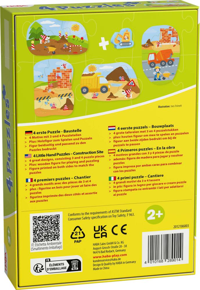 2, 2x3, 4 Teile HABA Kinder Puzzle 4 erste Puzzles Baustelle mit Holzfigur Bagger 2012186003
