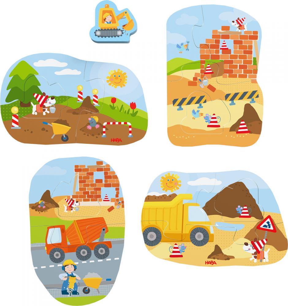 2, 2x3, 4 Teile HABA Kinder Puzzle 4 erste Puzzles Baustelle mit Holzfigur Bagger 2012186003