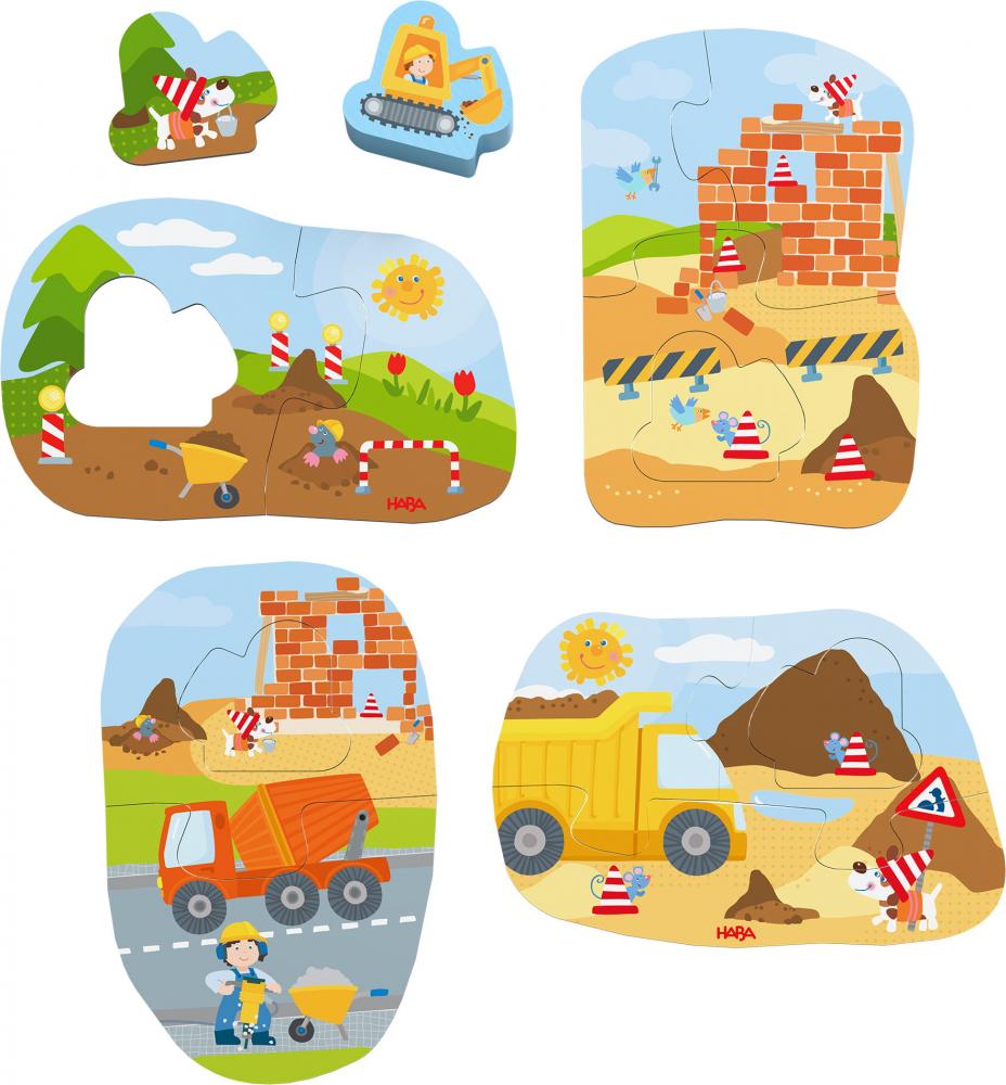 2, 2x3, 4 Teile HABA Kinder Puzzle 4 erste Puzzles Baustelle mit Holzfigur Bagger 2012186003