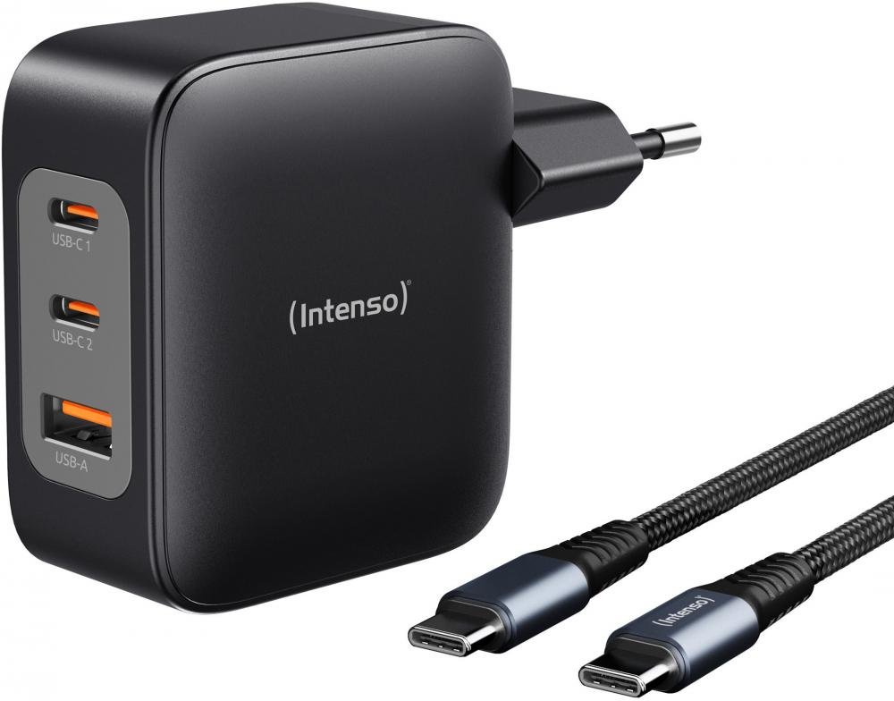 Intenso Ladegerät Power Adapter W100ACC GaN + C520C Kabel 2x USB-C 1x USB-A für 3 Gerät schwarz
