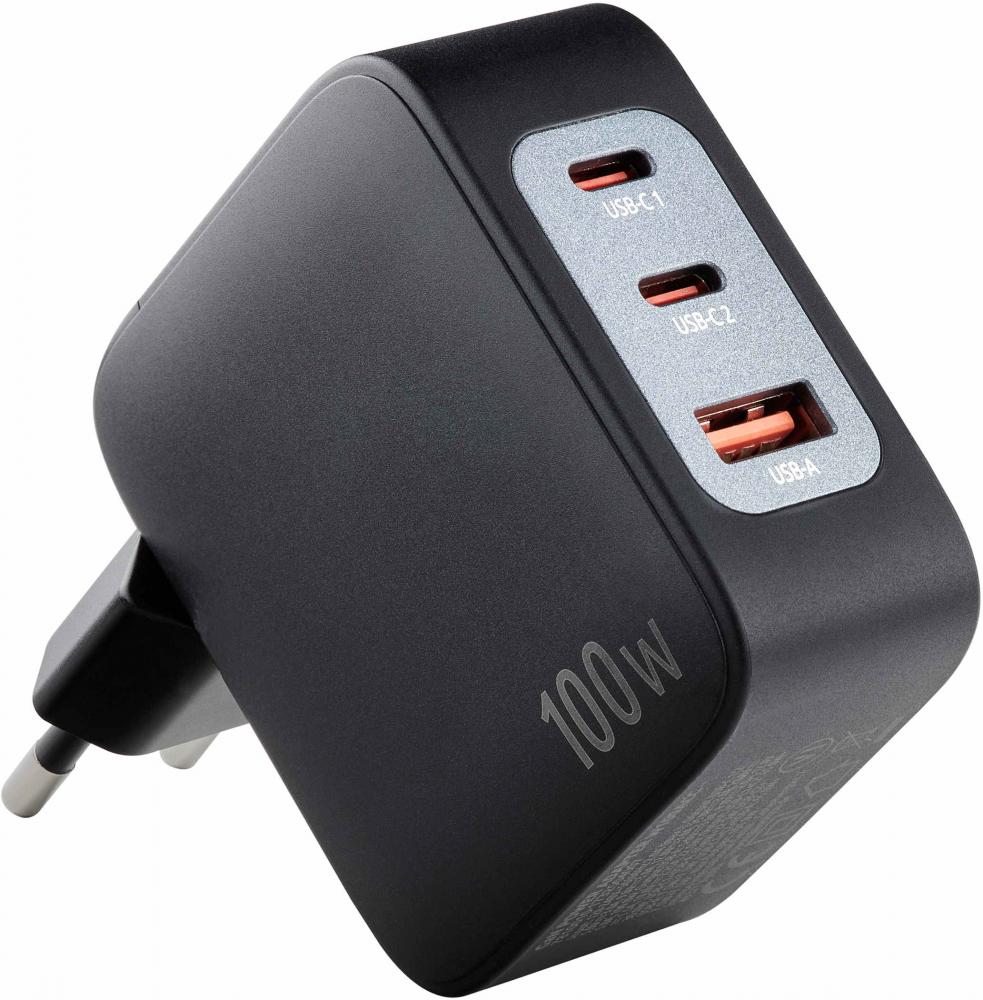 Intenso Ladegerät Power Adapter W100ACC GaN + C520C Kabel 2x USB-C 1x USB-A für 3 Gerät schwarz