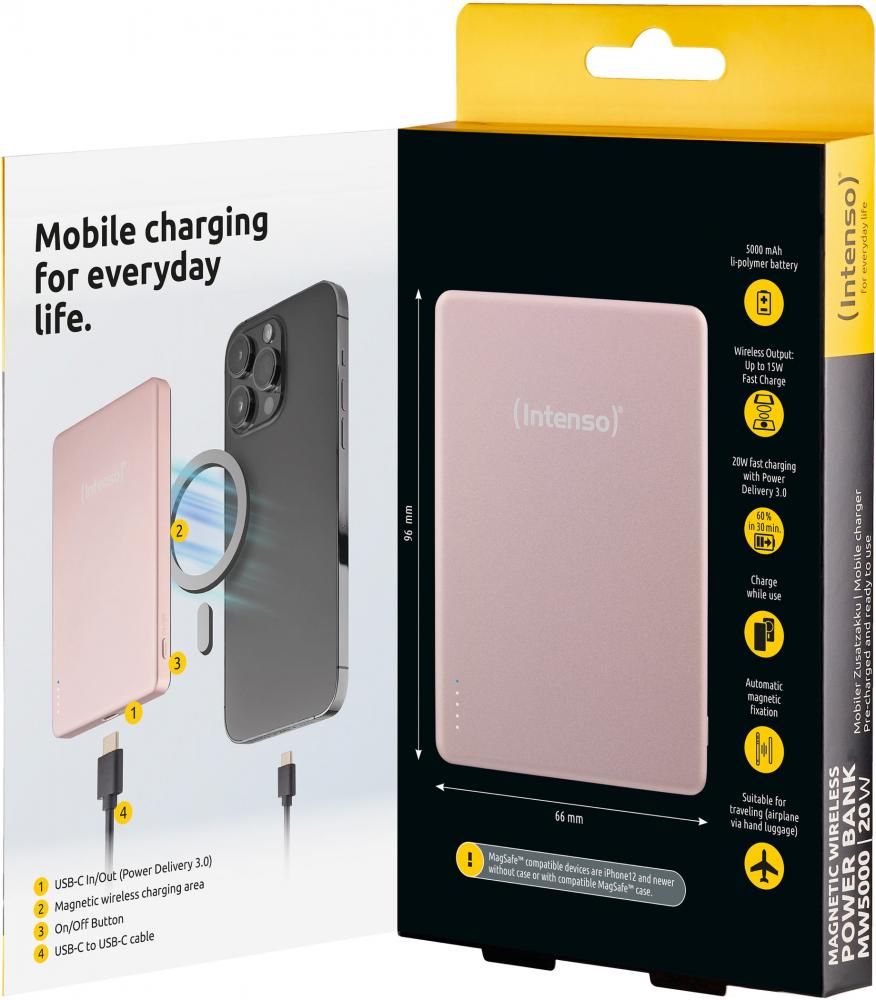 Intenso Powerbank MW5000 magnetische Fixierung MagSafe kompatibel PD 3.0 5000 mAh USB Typ C rosé