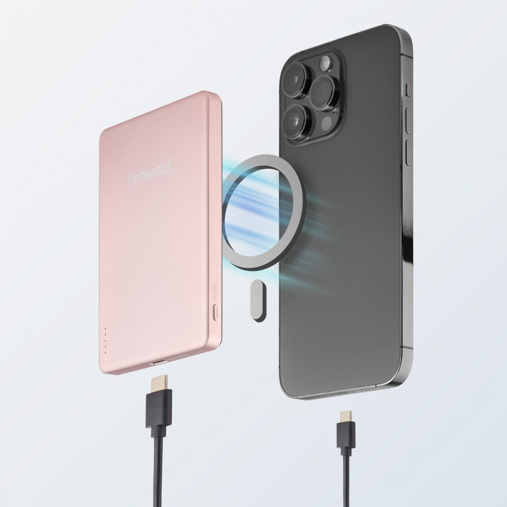 Intenso Powerbank MW5000 magnetische Fixierung MagSafe kompatibel PD 3.0 5000 mAh USB Typ C rosé
