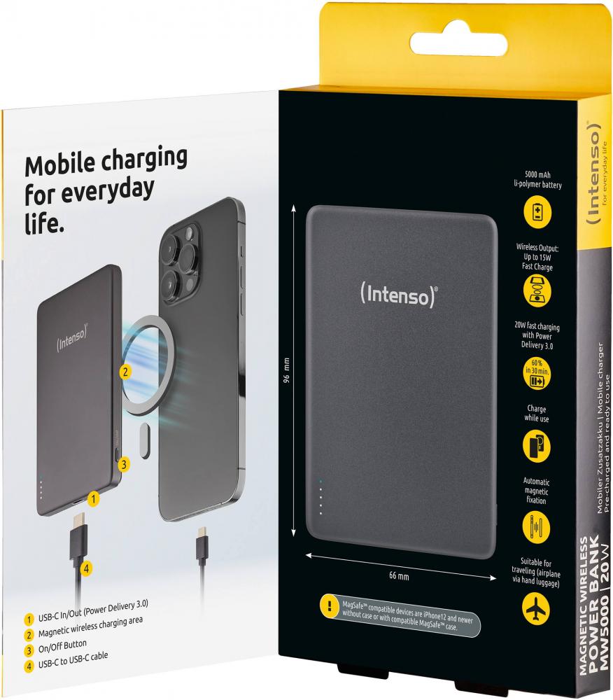Intenso Powerbank MW5000 magnetische Fixierung MagSafe kompatibel PD 3.0 5000 mAh USB Typ C grau