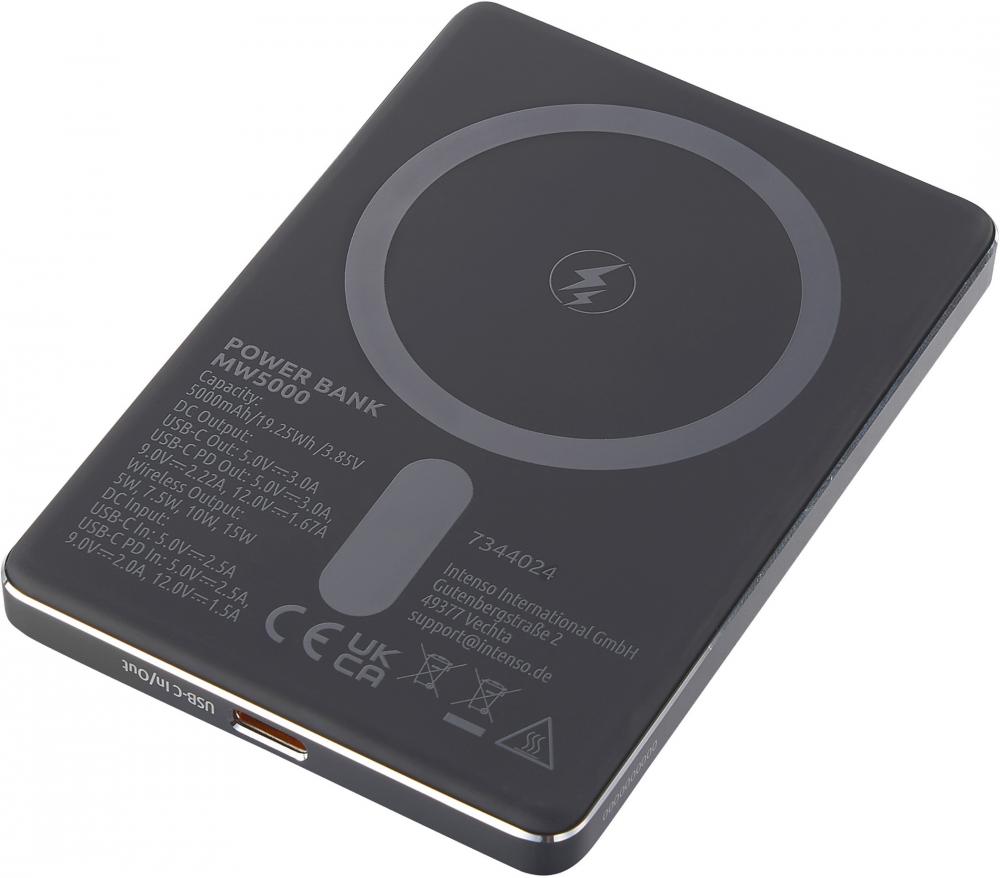 Intenso Powerbank MW5000 magnetische Fixierung MagSafe kompatibel PD 3.0 5000 mAh USB Typ C grau