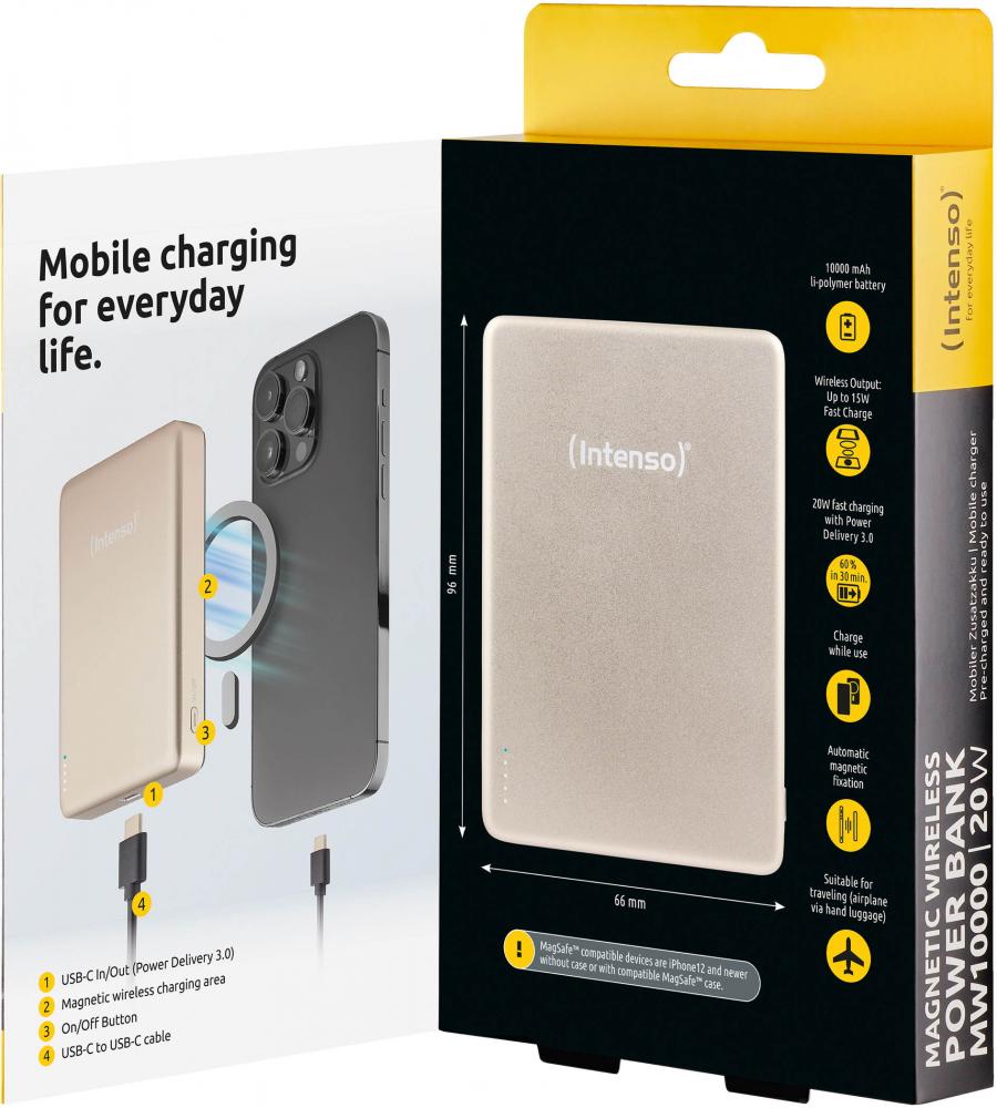 Intenso Powerbank MW10000 magnetische Fixierung MagSafe kompatibel PD 3.0 10000 mAh USB C champagner