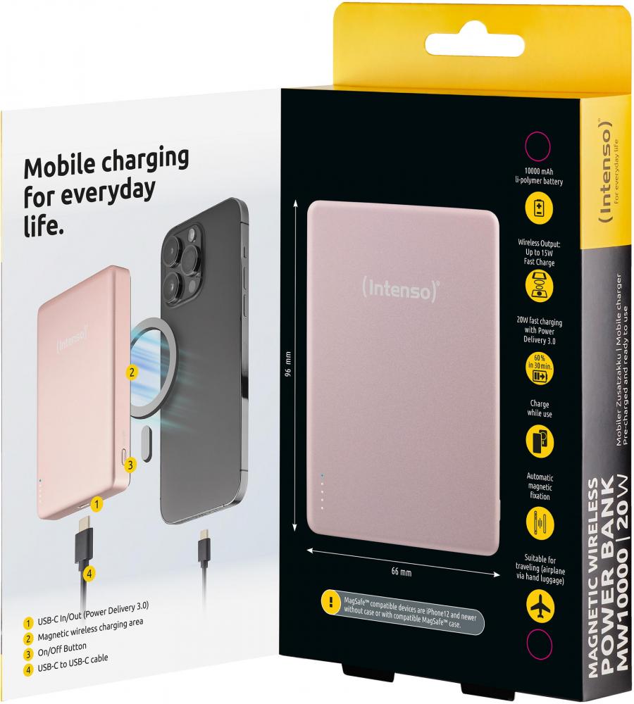 Intenso Powerbank MW10000 magnetische Fixierung MagSafe kompatibel PD 3.0 10000 mAh USB Typ C rosé