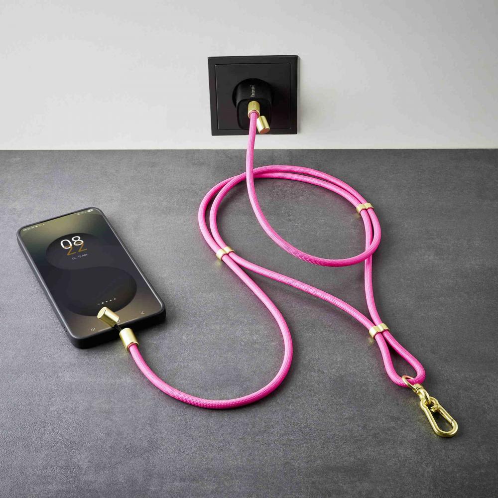 Intenso Cell Phone Charging Lanyard Handykette als Ladekabel Datenkabel 2 x USB-C 1,65m neon pink