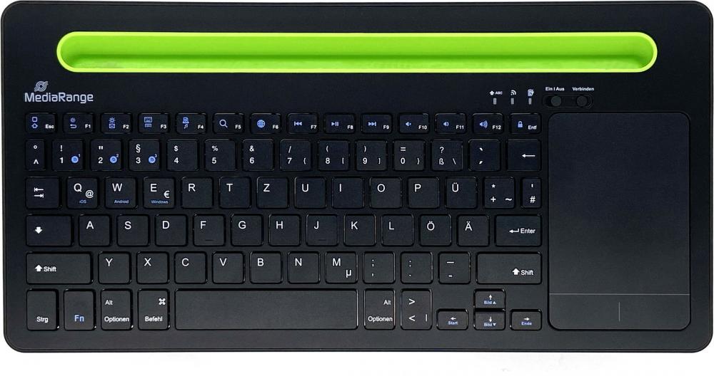Mediarange Multi-pairing Funk Tastatur QWERTZ 78 Tasten und Touchpad schwarz/grün