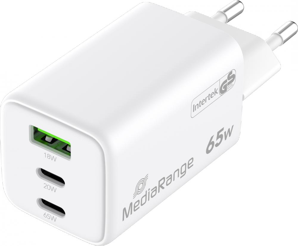 Mediarange Ladegerät Power Adapter 65 Watt GaN 1x USB-A + 2x USB-C für 2 Geräte weiß