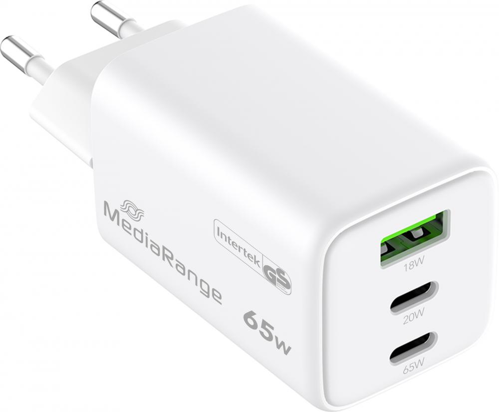Mediarange Ladegerät Power Adapter 65 Watt GaN 1x USB-A + 2x USB-C für 2 Geräte weiß