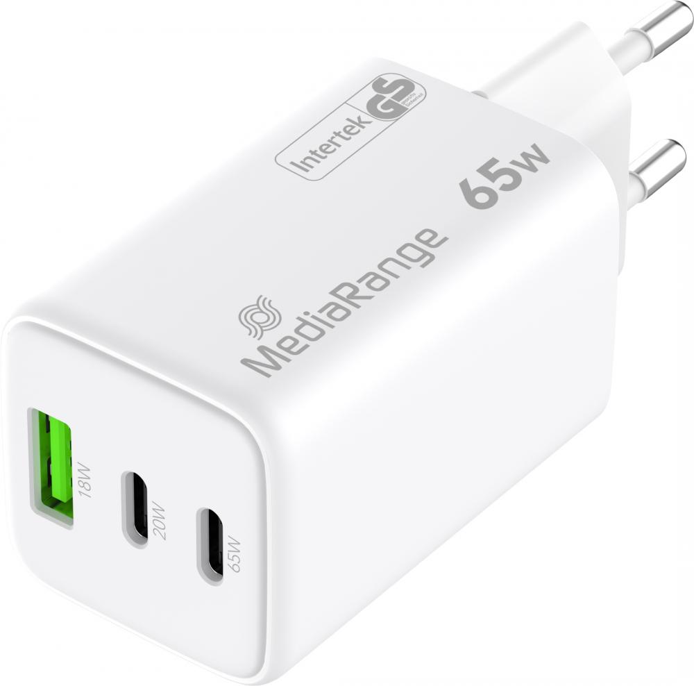Mediarange Ladegerät Power Adapter 65 Watt GaN 1x USB-A + 2x USB-C für 2 Geräte weiß