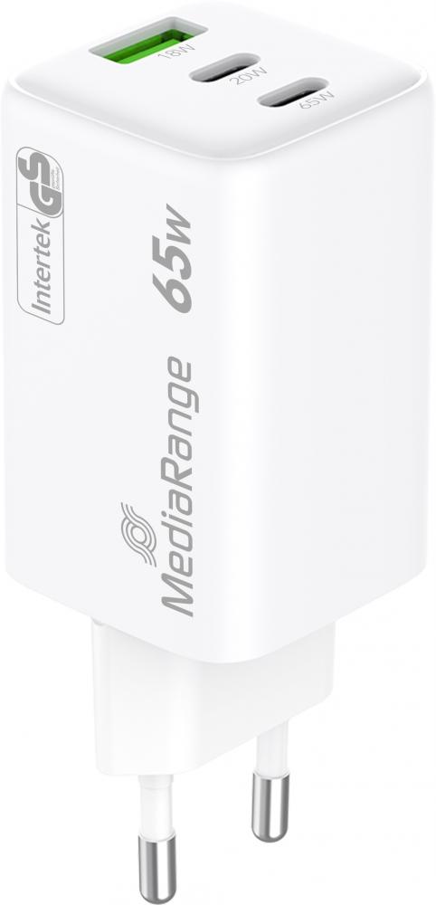 Mediarange Ladegerät Power Adapter 65 Watt GaN 1x USB-A + 2x USB-C für 2 Geräte weiß