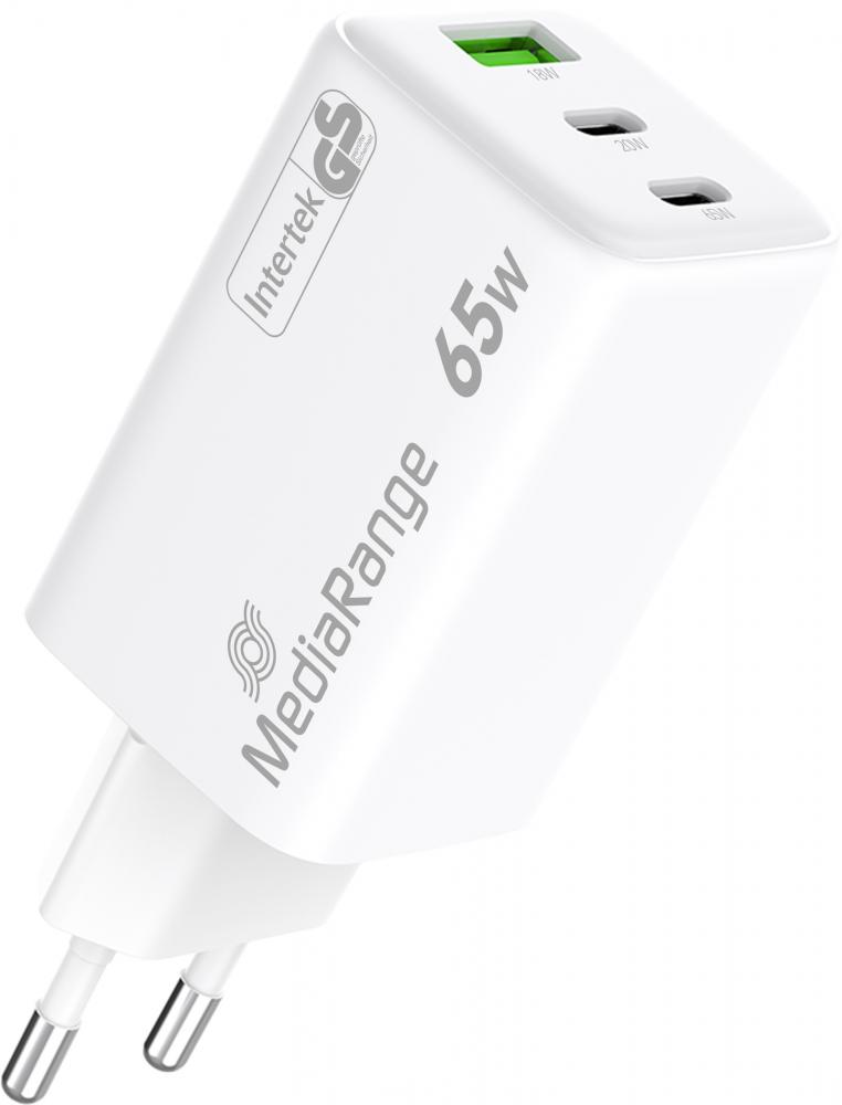Mediarange Ladegerät Power Adapter 65 Watt GaN 1x USB-A + 2x USB-C für 2 Geräte weiß