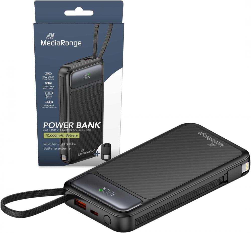 Mediarange Powerbank mobile Ladestation 10000 mAh Ladegerät USB 2x Typ C, Typ A, Lightning schwarz