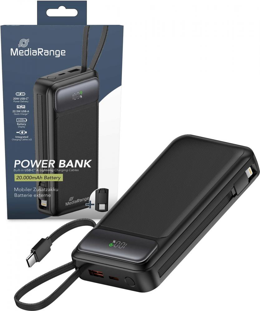 Mediarange Powerbank mobile Ladestation 20000 mAh Ladegerät USB 2x Typ C, Typ A, Lightning schwarz