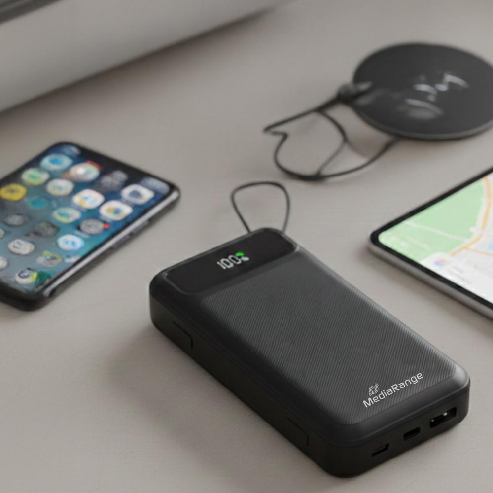 Mediarange Powerbank mobile Ladestation 20000 mAh Ladegerät USB 2x Typ C, Typ A, Lightning schwarz