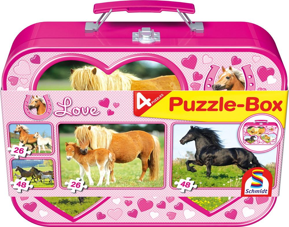 2 x 26 + 2 x 48 Teile Schmidt Spiele Kinder Puzzle Pferde Puzzle-Box Metallkoffer 55588