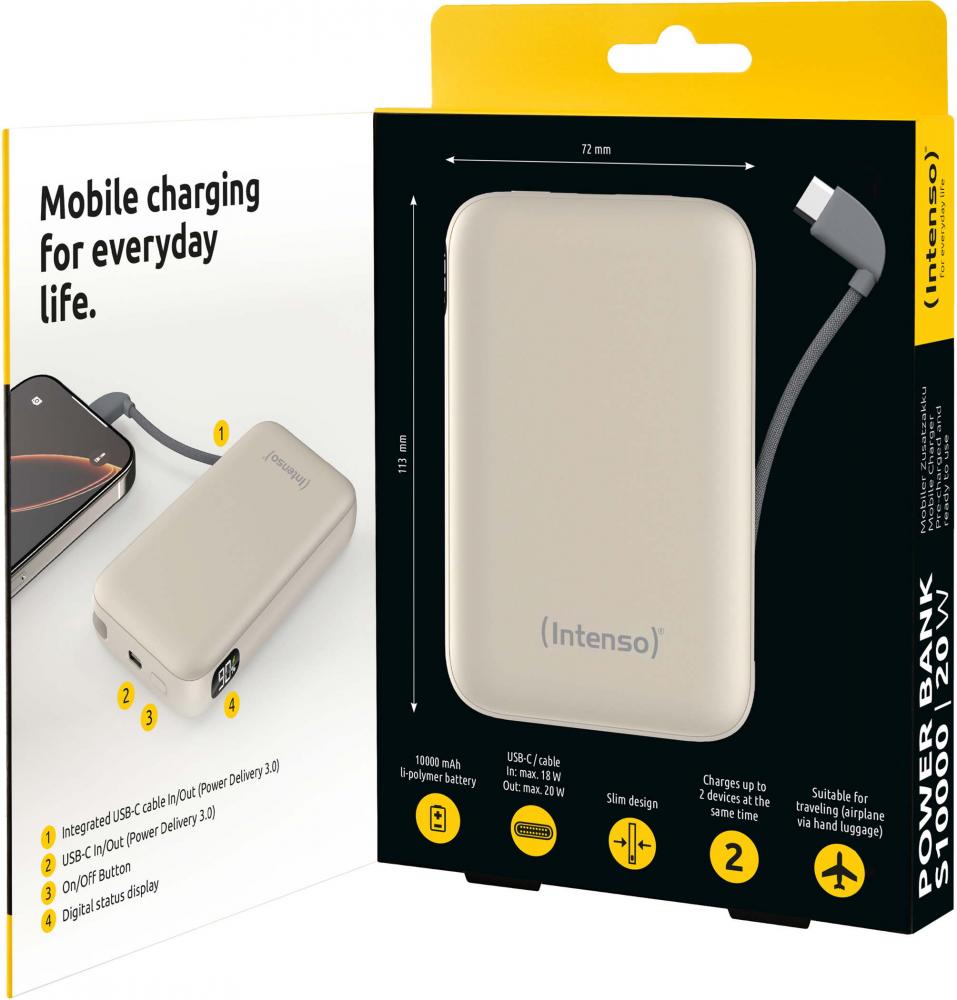 Intenso Powerbank mobile Ladestation S 10000 mAh PD Typ C USB OUT integriertes Kabel beige