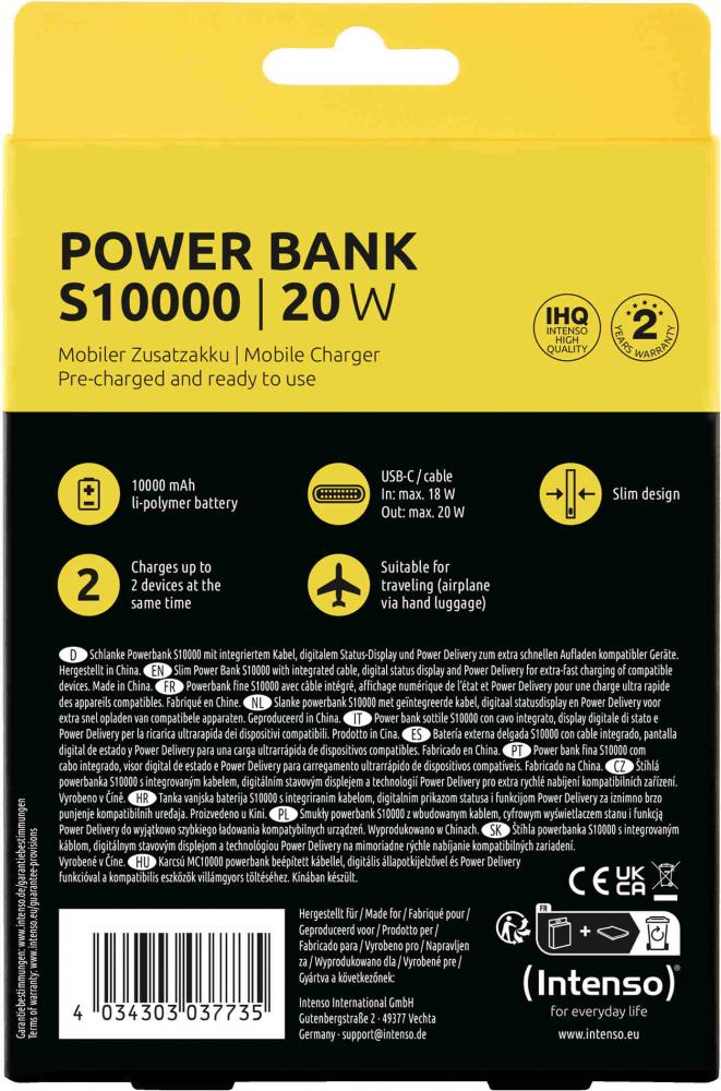 Intenso Powerbank mobile Ladestation S 10000 mAh PD Typ C USB OUT integriertes Kabel grau