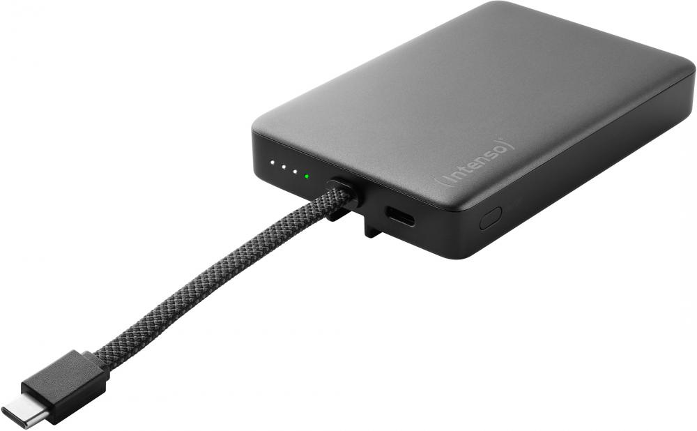 Intenso Powerbank MC 10000 mAh magnetische Fixierung PD Typ C USB OUT integriertes Kabel schwarz