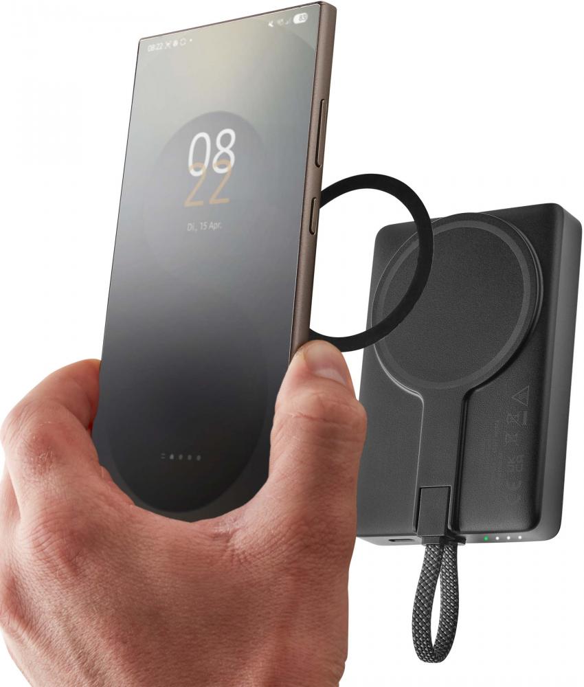 Intenso Powerbank MC 10000 mAh magnetische Fixierung PD Typ C USB OUT integriertes Kabel schwarz