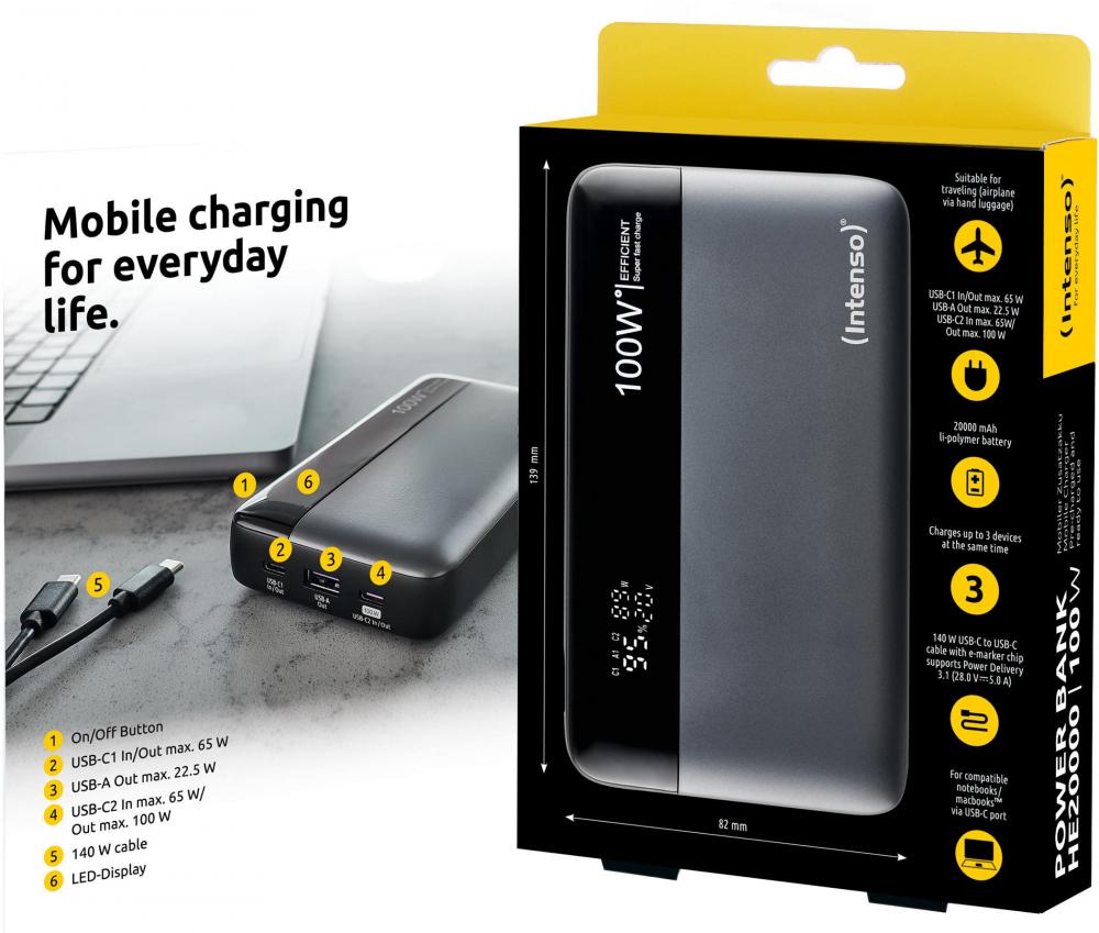 Intenso Powerbank HE20000 PD 3.1 20000 mAh max. 100 W 1x USB Typ A und 2x USB-C OUT