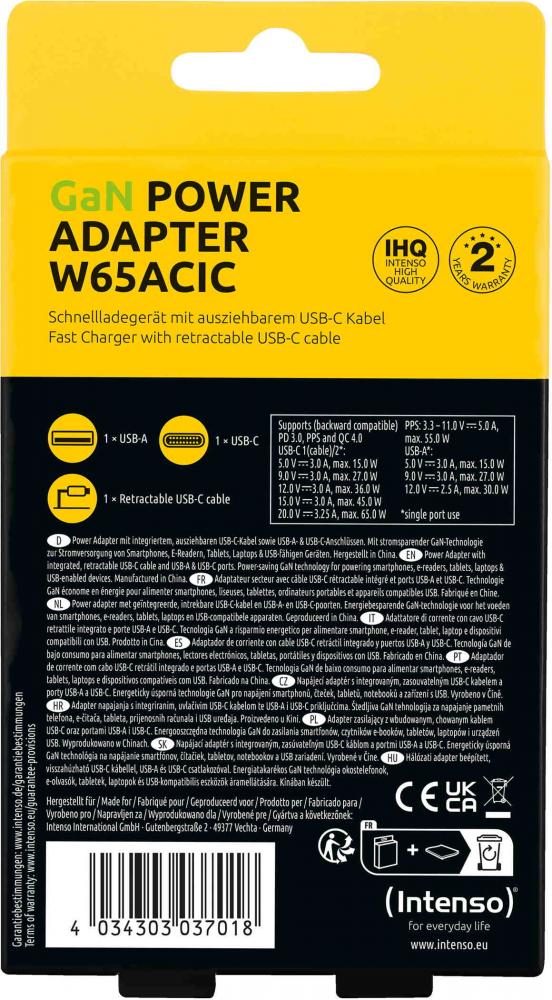 Intenso Ladegerät Power Adapter 65 Watt W65ACIC GaN 1x USB-A + 2x USB-C für 3 Geräte schwarz