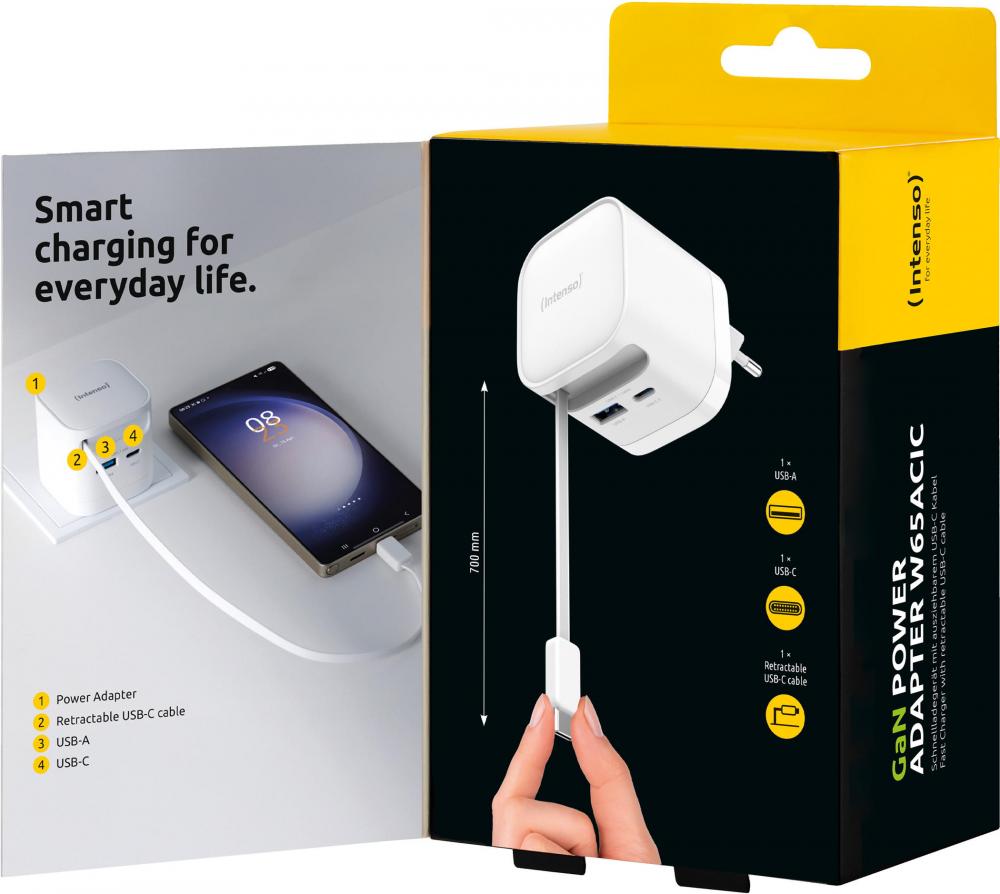 Intenso Ladegerät Power Adapter 65 Watt W65ACIC GaN 1x USB-A + 2x USB-C für 3 Geräte weiß