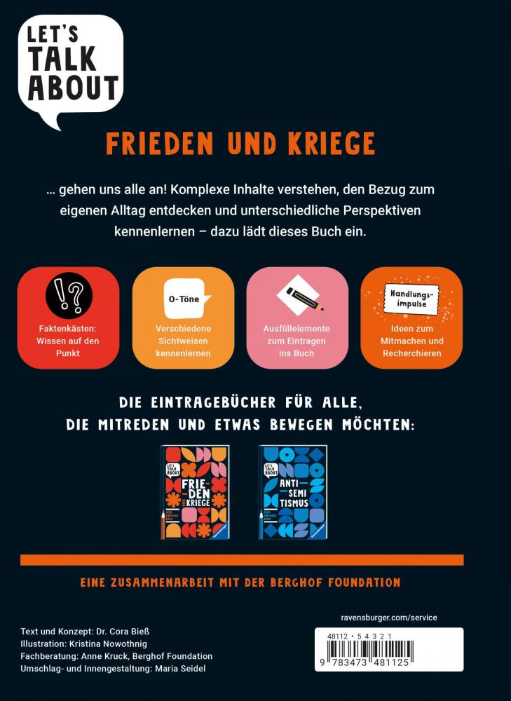 Ravensburger Buch Kindersachbuch Let's talk about Frieden und Kriege Dein Eintragebuch 48112