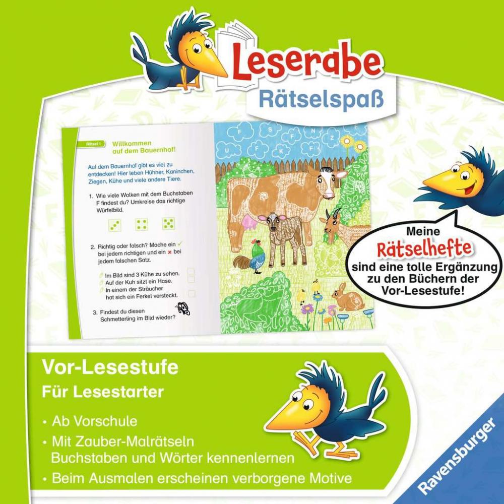 Ravensburger Buch Quiz + Rätsel Leserabe Rätselspaß Zauber Malrätsel zum Lesenlernen Bauernhof 48869