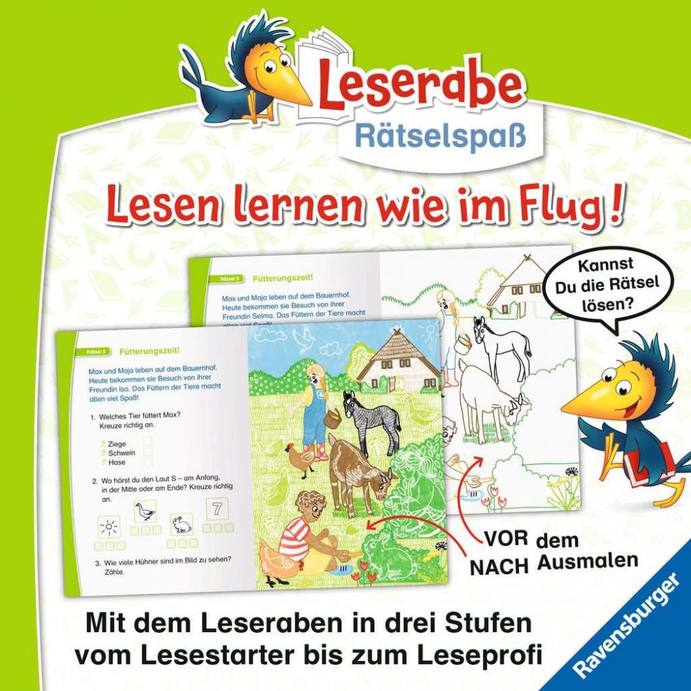 Ravensburger Buch Quiz + Rätsel Leserabe Rätselspaß Zauber Malrätsel zum Lesenlernen Bauernhof 48869
