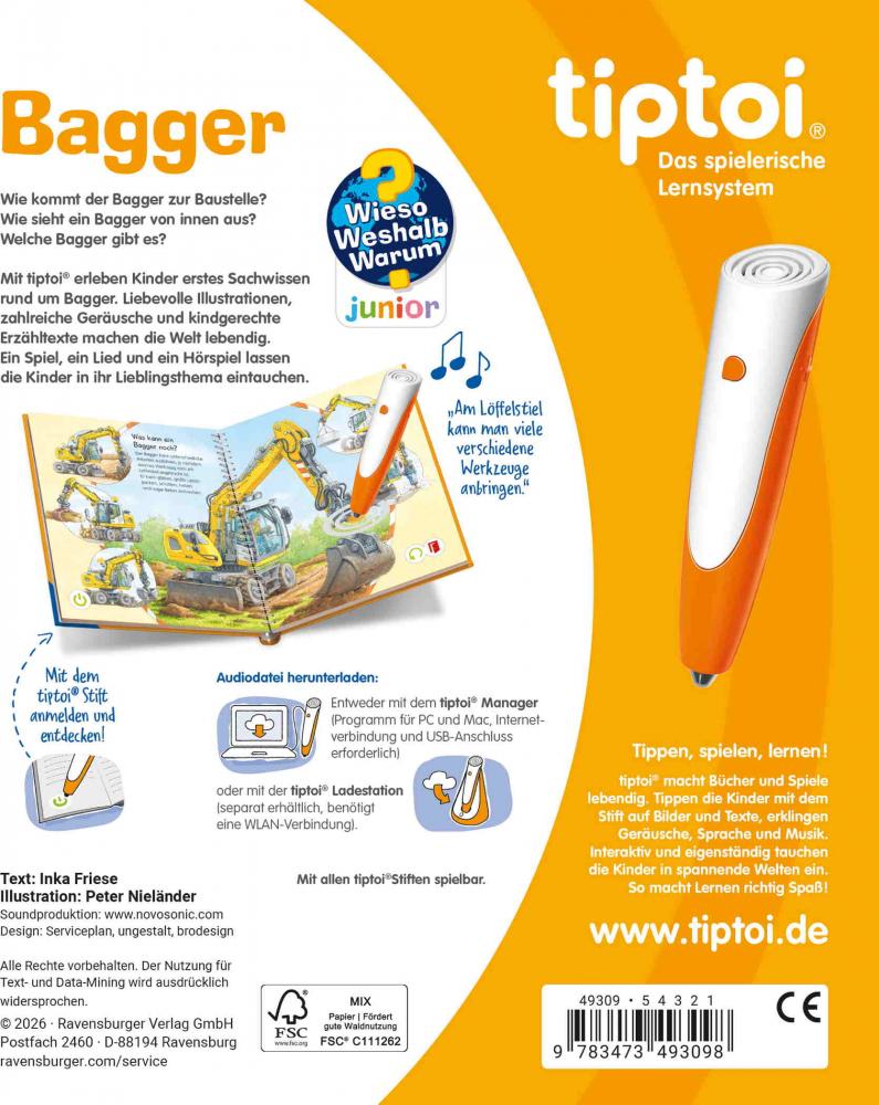 Ravensburger Buch tiptoi Wieso? Weshalb? Warum? junior Bagger 49309
