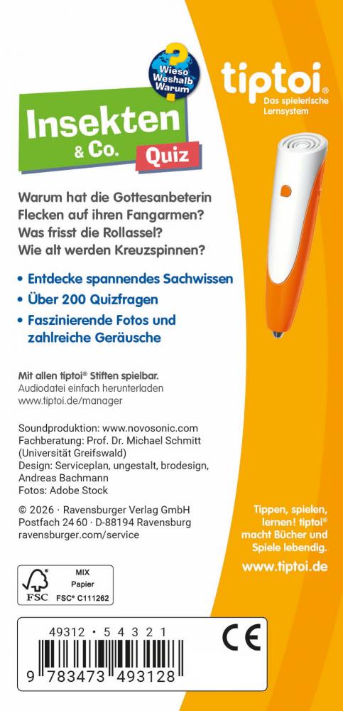 Ravensburger Buch tiptoi Wieso? Weshalb? Warum? Quiz Insekten & Co. 49312