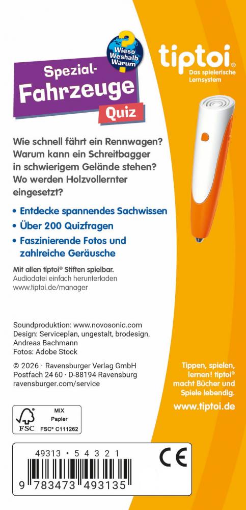 Ravensburger Buch tiptoi Wieso? Weshalb? Warum? Quiz Spezialfahrzeuge 49313