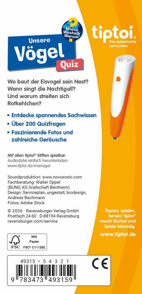 Ravensburger Buch tiptoi Wieso? Weshalb? Warum? Quiz Unsere Vögel 49315