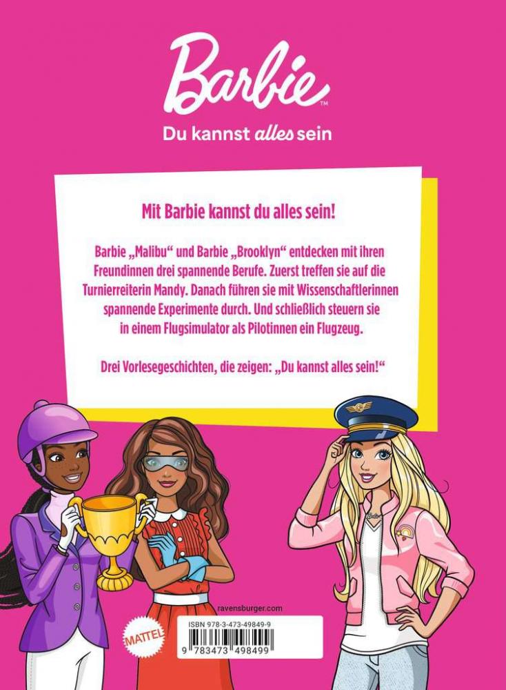 Ravensburger Buch Bilderbuch Barbie Du kannst alles sein! Turnierreiterin, Forscherin, Pilotin 49849